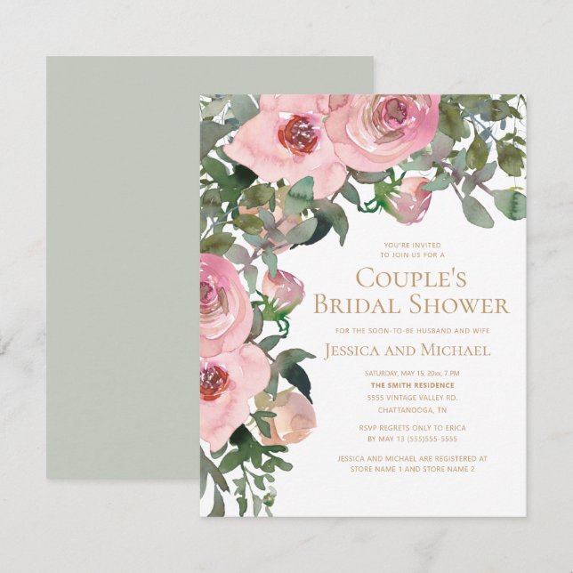 Invitation Mariage de couple Rose Pâle Vert Sauge Enterrement (Devant / Derrière)