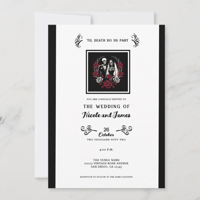 Invitation Mariage de couple squelette Roses blanches et roug (Devant)