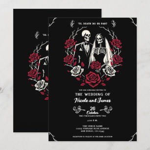 Invitation Mariage de couple squelette Roses blanches & rouge