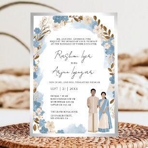 Invitation Mariage de couple sud-indien aux fleurs bleues pou