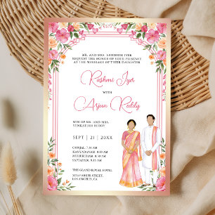 Invitation Mariage de couple sud-indien aux fleurs roses
