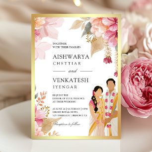 Invitation Mariage de couple sud-indien floral rose or