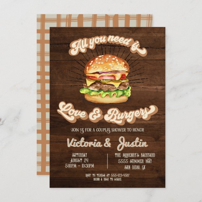Invitation Mariage de couples Amour et Burgers (Devant / Derrière)