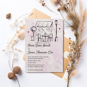 Invitation Mariage de cour dans un bistro dessiné à la main