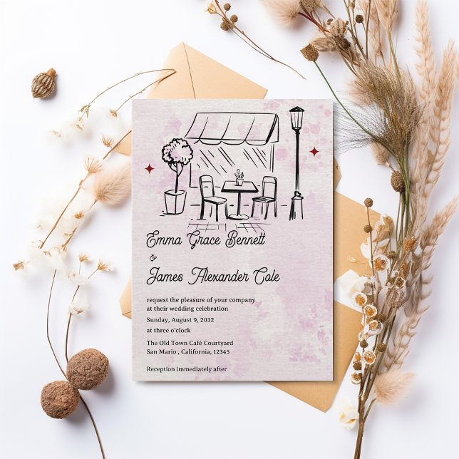 Invitation Mariage de cour dans un bistro dessiné à la main (Hand-Drawn Bistro Café Courtyard Wedding Invitation)