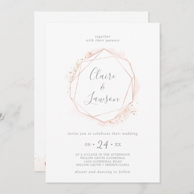 Invitation Mariage de courme géométrique rose or (Devant / Derrière)