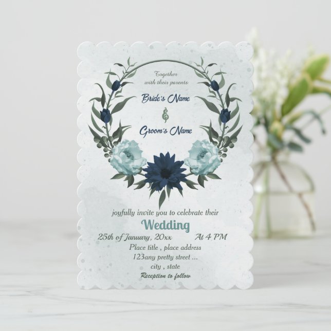 Invitation Mariage de couronne botanique bleu et bleu foncé (Debout devant)