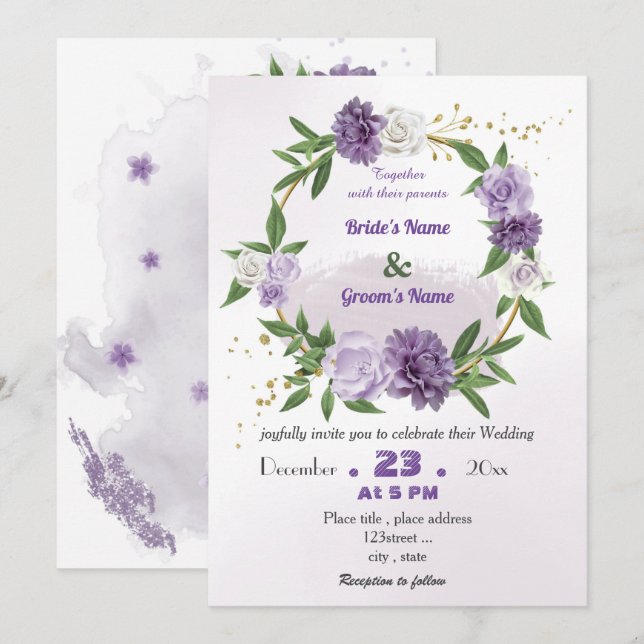 Invitation mariage de couronne botanique de fleurs violettes  (Devant / Derrière)