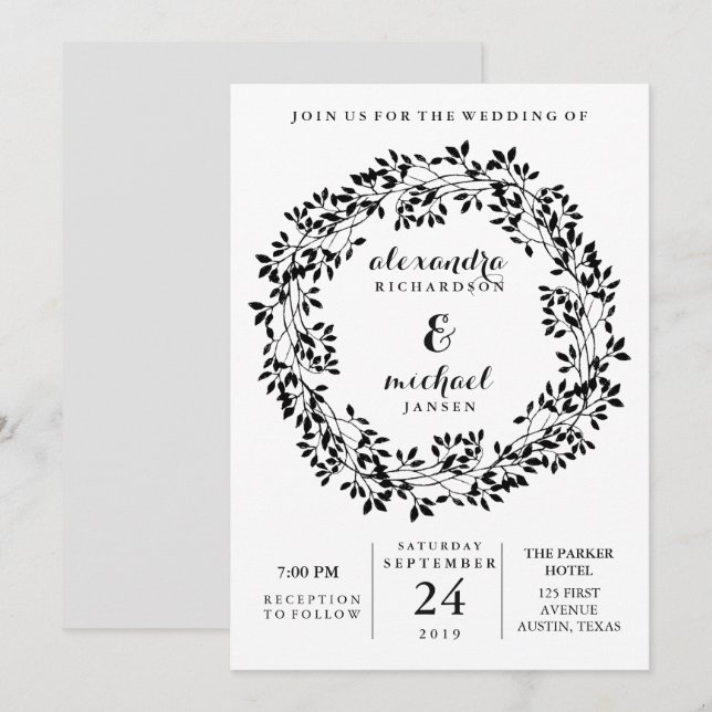 Invitation Mariage de couronne botanique rustique noir et bla (Devant / Derrière)