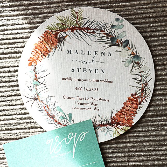 Invitation Mariage de couronne d'aiguilles de pin Eucalyptus  (Pine Needle Wreath with Pinecones and Eucalyptus, Winter Wedding Invitations)