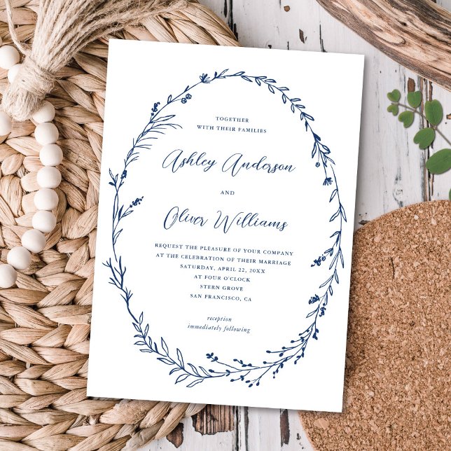 Invitation Mariage de couronne de Fleur sauvage bleu rustique (Créateur téléchargé)
