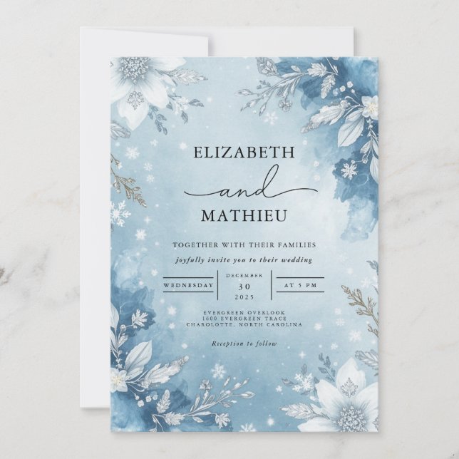 Invitation Mariage de couronne de fleurs bleu Icy (Devant)