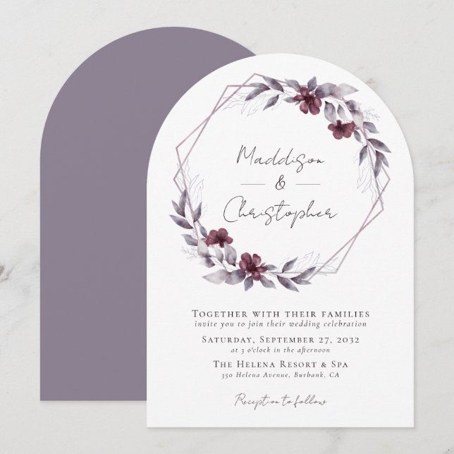 Invitation Mariage de couronne de fleurs pourpres Dusty (Devant / Derrière)