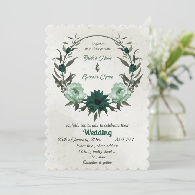 Invitation mariage de couronne de fleurs vert émeraude (Debout devant)