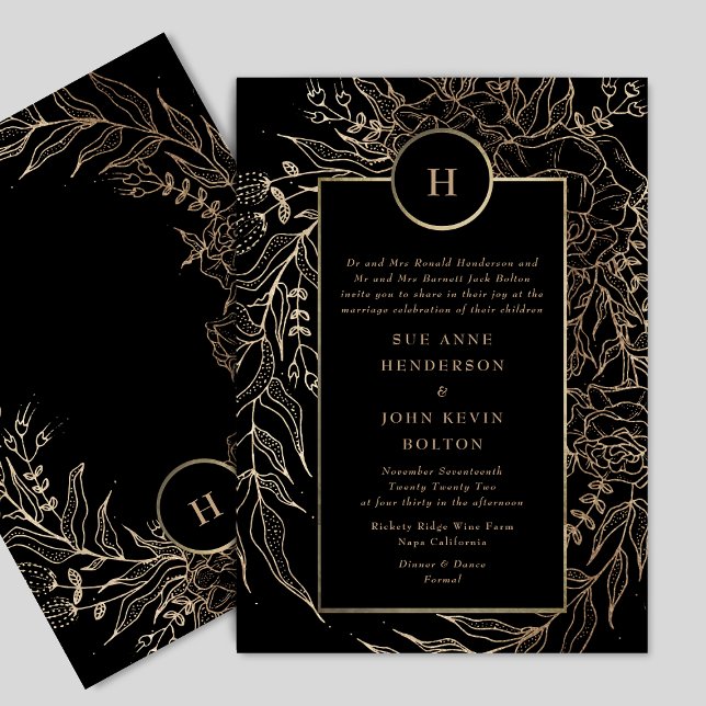Invitation Mariage de couronne de monogramme d'or noir Premiu (Créateur téléchargé)