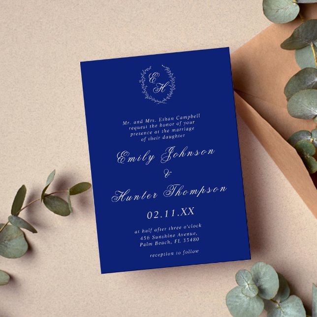 Invitation Mariage de couronne de monogramme royal bleu et ar (Créateur téléchargé)