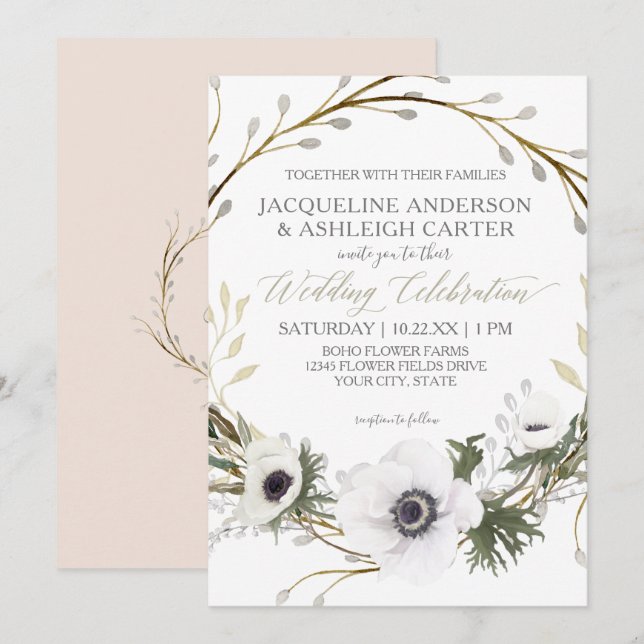 Invitation Mariage de couronne d'eucalyptus blanc rose modern (Devant / Derrière)