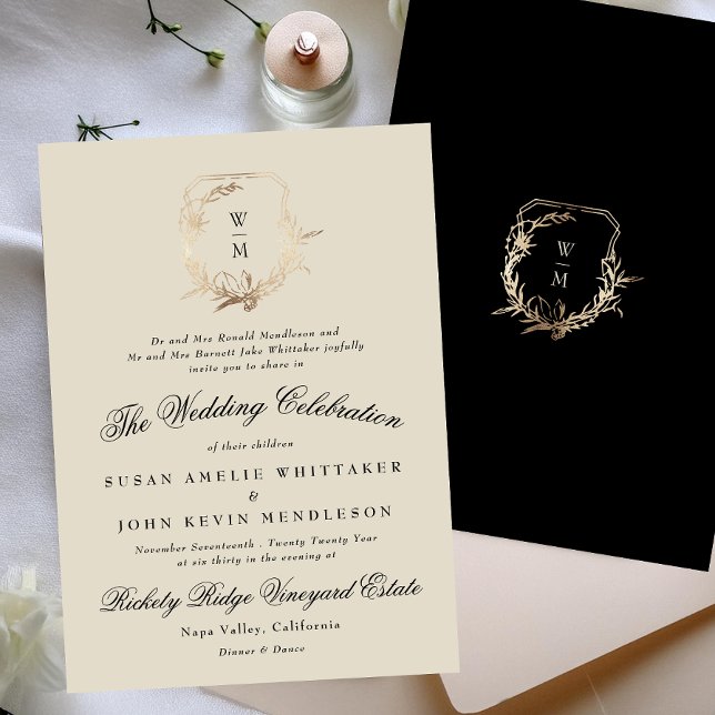 Invitation Mariage de couronne d'or de monogramme noir et crè (Créateur téléchargé)