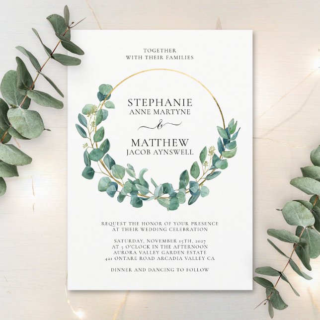 Invitation Mariage de couronne d'or Eucalyptus Foliage Feuill (Créateur téléchargé)