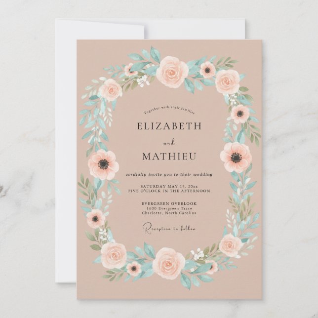 Invitation Mariage de Couronne Fleurie Rose Pêche (Devant)