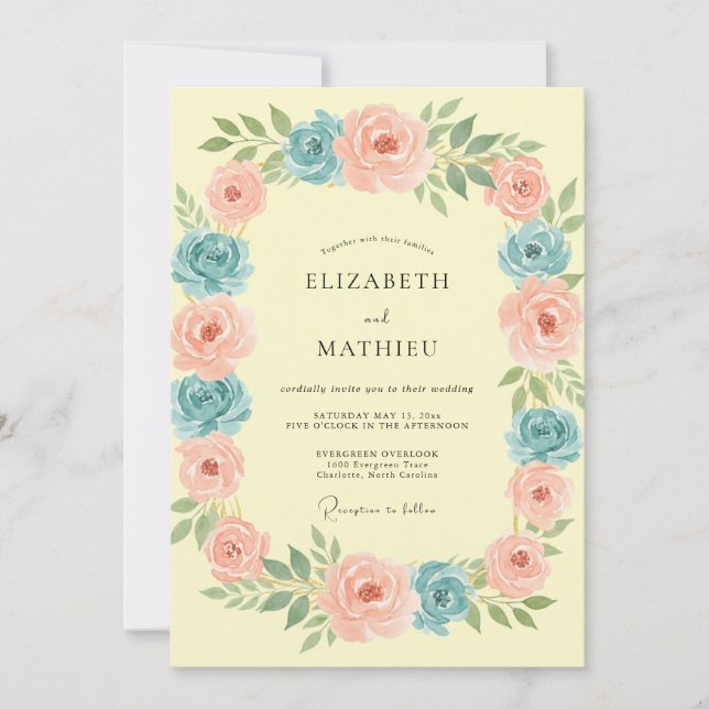 Invitation Mariage de couronne florale bleue pêche (Devant)