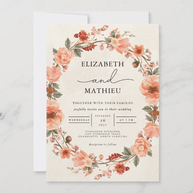Invitation Mariage de couronne florale de corail (Devant)