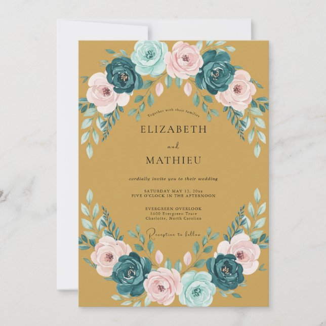Invitation Mariage de Couronne Florale Éthérée Ocre (Devant)