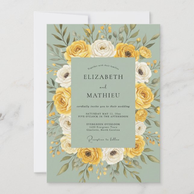 Invitation Mariage de Couronne Florale Jaune Doré (Devant)