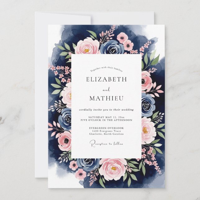 Invitation Mariage de couronne florale Navy Blush (Devant)