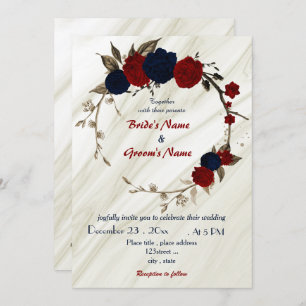 Invitation mariage de couronne florale rouge et bleu marine