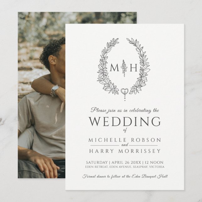 Invitation Mariage de couronne ovale feuille fusain gris phot (Devant / Derrière)