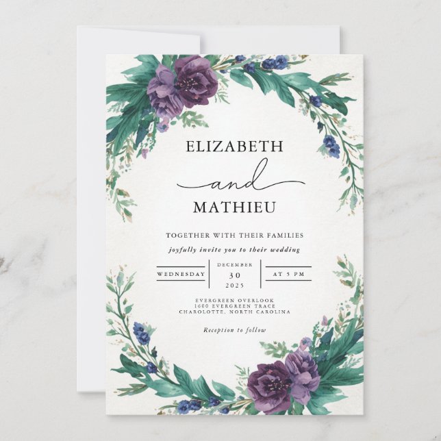 Invitation Mariage de couronne végétale violet luxuriant (Devant)
