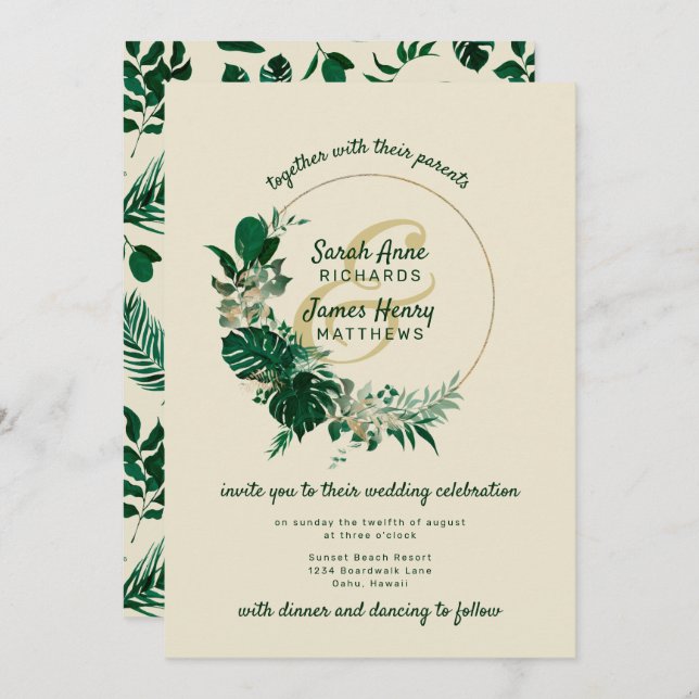 Invitation Mariage de couronnes circulaires vert moderne à fe (Devant / Derrière)