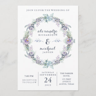 Invitation Mariage de couronnes florales bleues et violettes