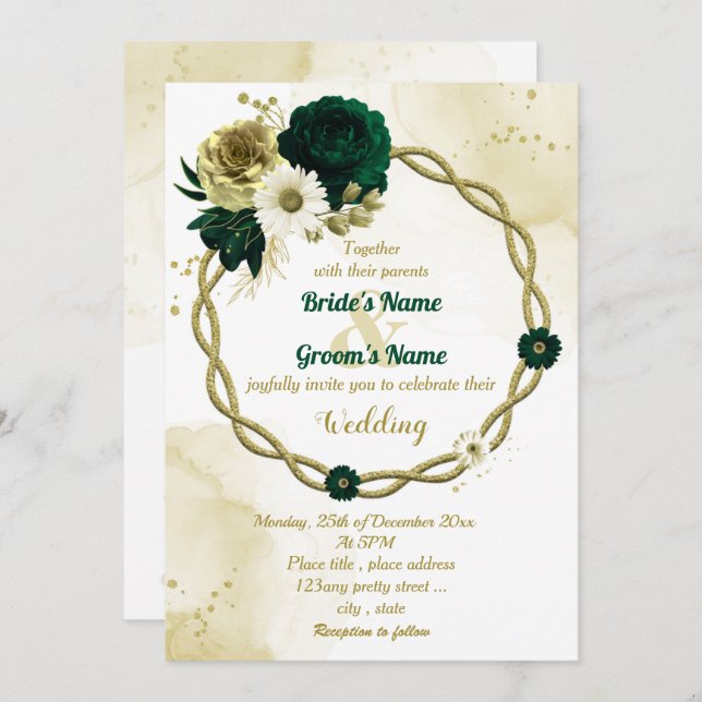 Invitation Mariage de couronnes florales en ivoire vert émera (Devant / Derrière)