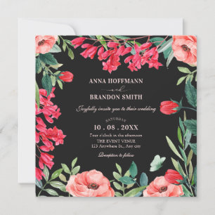 Invitation Mariage de couronnes florales rouge noir