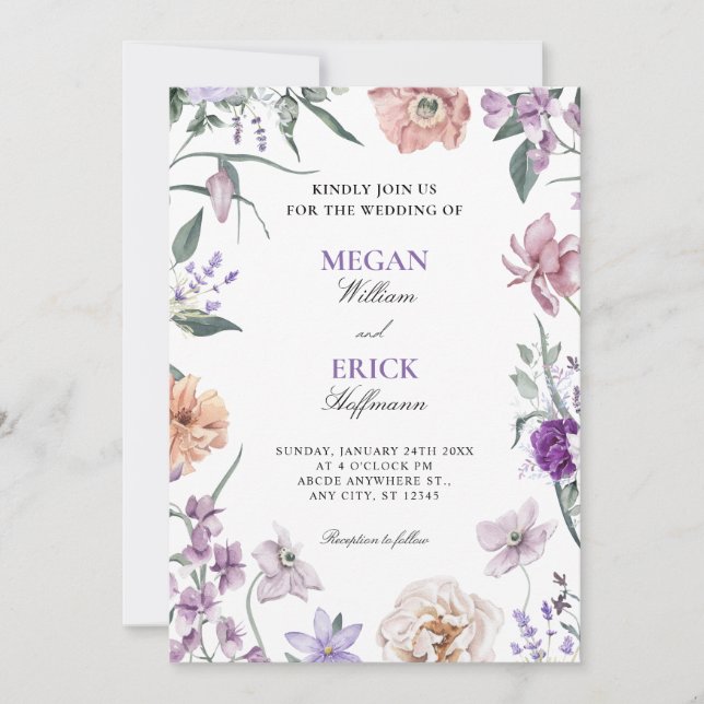 Invitation Mariage de couronnes florales violettes (Devant)