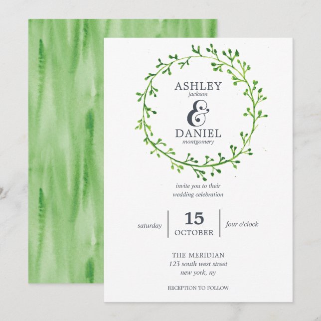 Invitation Mariage de courroie à aquarelle feuille (Devant / Derrière)