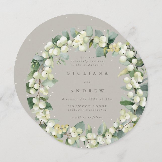 Invitation Mariage de courroie ronde Greige Snowberry+Eucalyp (Devant / Derrière)
