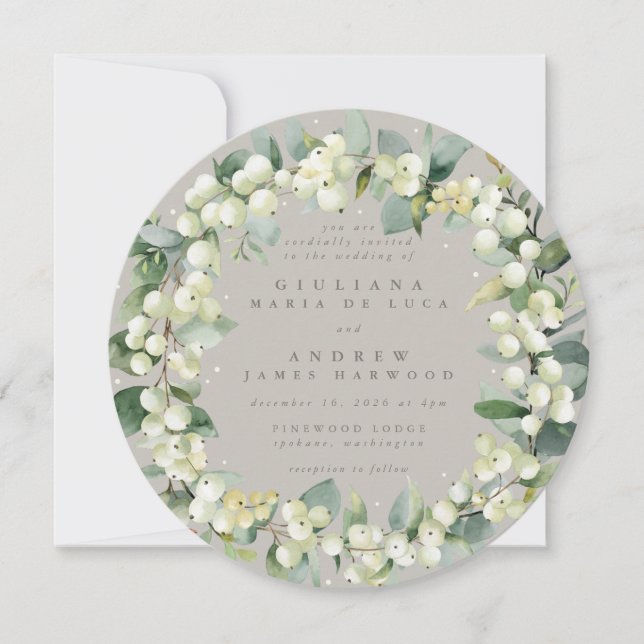 Invitation Mariage de courroie ronde Greige Snowberry+Eucalyp (Devant)