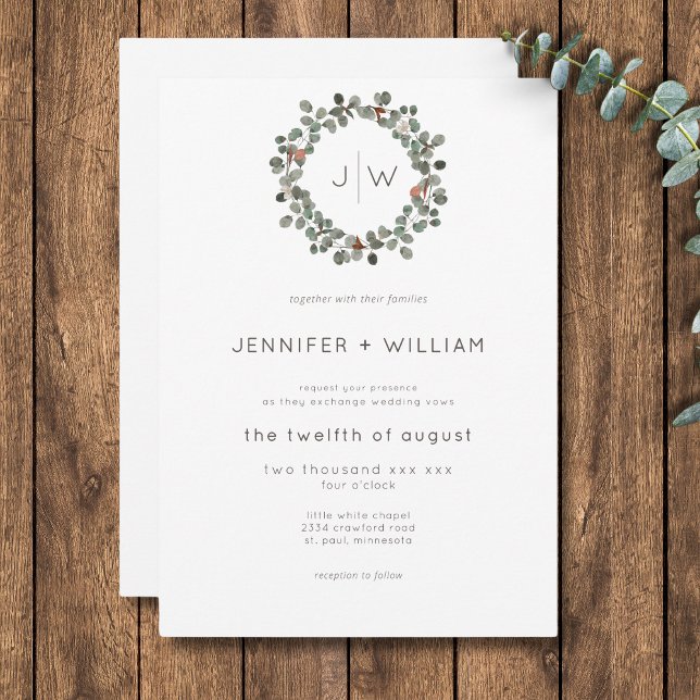 Invitation Mariage de courroie vert de rouille minimale (Minimal Rust Green Eucalyptus Wreath Wedding Invitation)