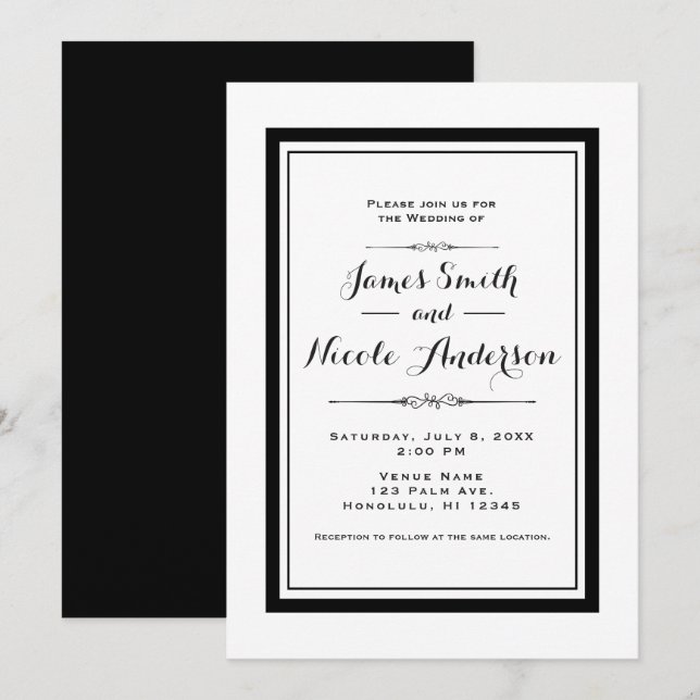 Invitation Mariage de couture chic blanc et noir (Devant / Derrière)