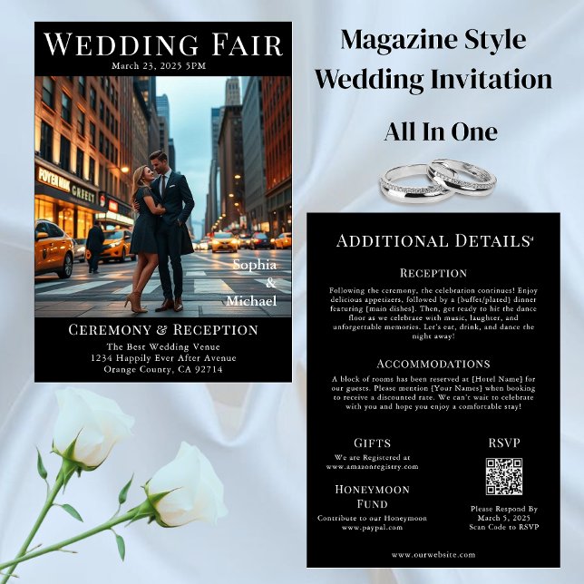 Invitation Mariage de couverture de magazine dans la ville (Magazine Cover Wedding in the City Invitation All in One)