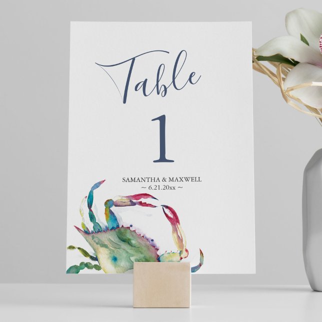 Invitation Mariage de crabe côtier Numéro de tableau (Beach wedding table numbers watercolor blue crab art by Victoria Grigaliunas of Do Tell A Belle)