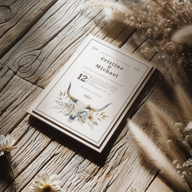 Invitation Mariage de crâne à long vertige rustique (Western wedding invitation featuring a watercolor longhorn skull and prairie flowers)