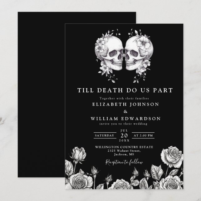 Invitation Mariage de crânes floraux gothiques noirs et blanc (Devant / Derrière)