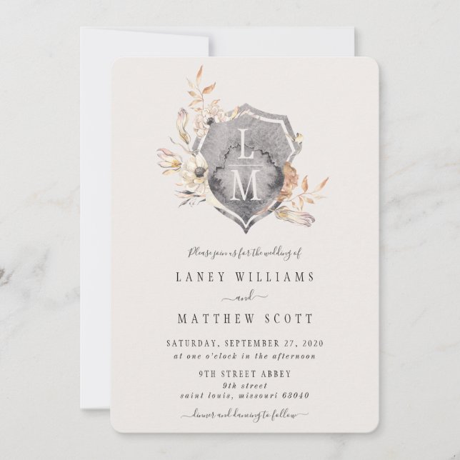 Invitation Mariage de crête de monogramme floral rustique (Devant)