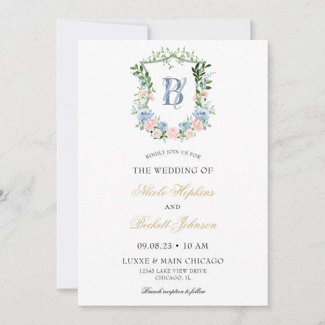 Invitation Mariage de crête florale bleu poussiéreux (Devant)