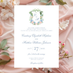 Invitation Mariage de crête florale bleu poussiéreux