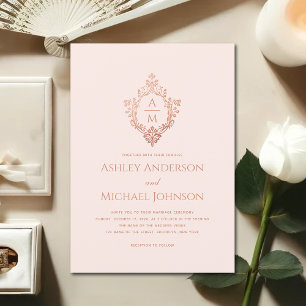 Invitation Mariage de crête rose Monogramme Rose Vintage Or